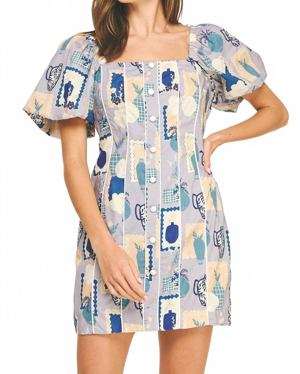 NEW STRUT & BOLT piping contrast vase print mini dress. rush in blue multi